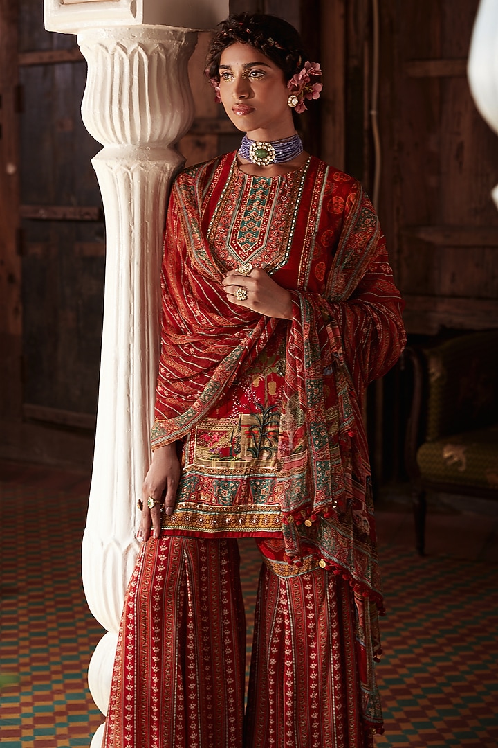 Red Viscose Georgette Motifs Embroidered Gharara Set by Kalista at Pernia's Pop Up Shop