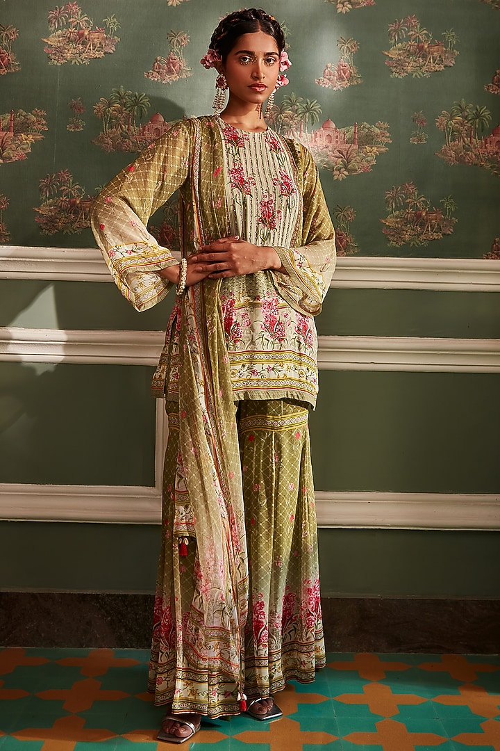Olive Viscose Georgette Gharara Set by Kalista at Pernia's Pop Up Shop