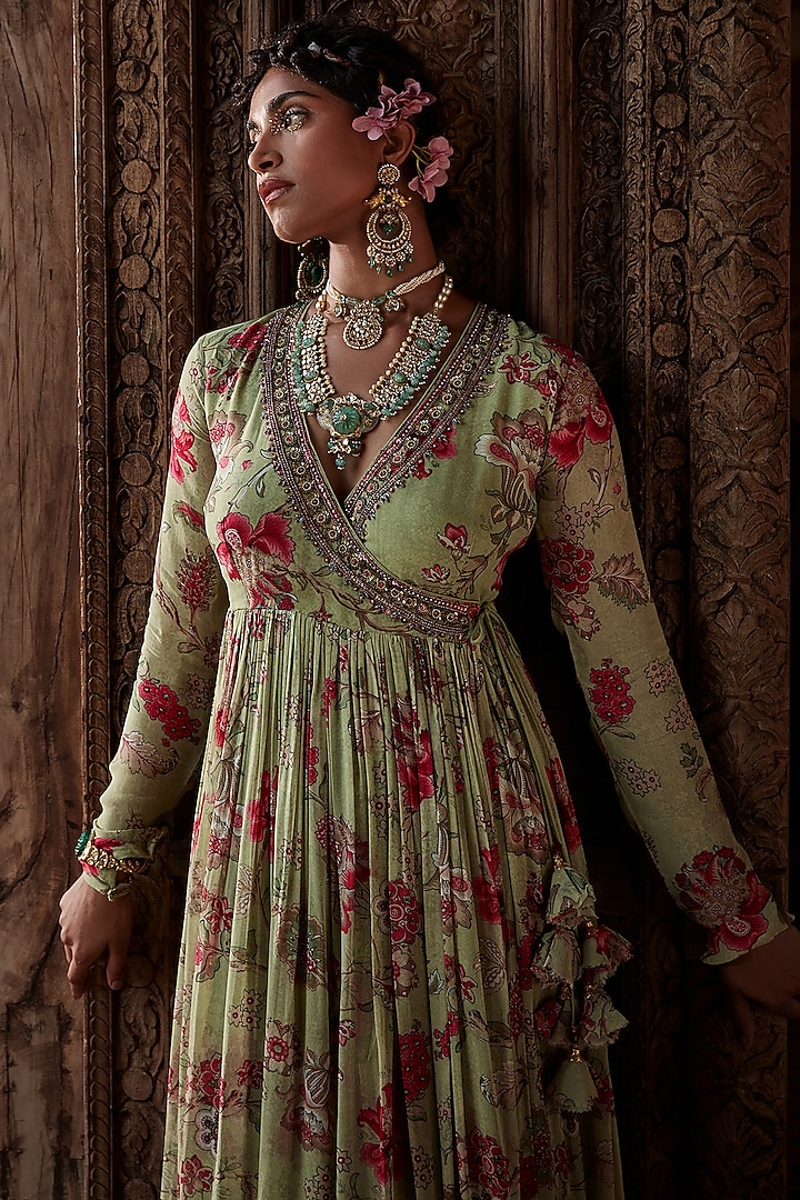 Pista Green Embroidered Angrakha Kurta Set by Kalista at Pernia's Pop Up Shop