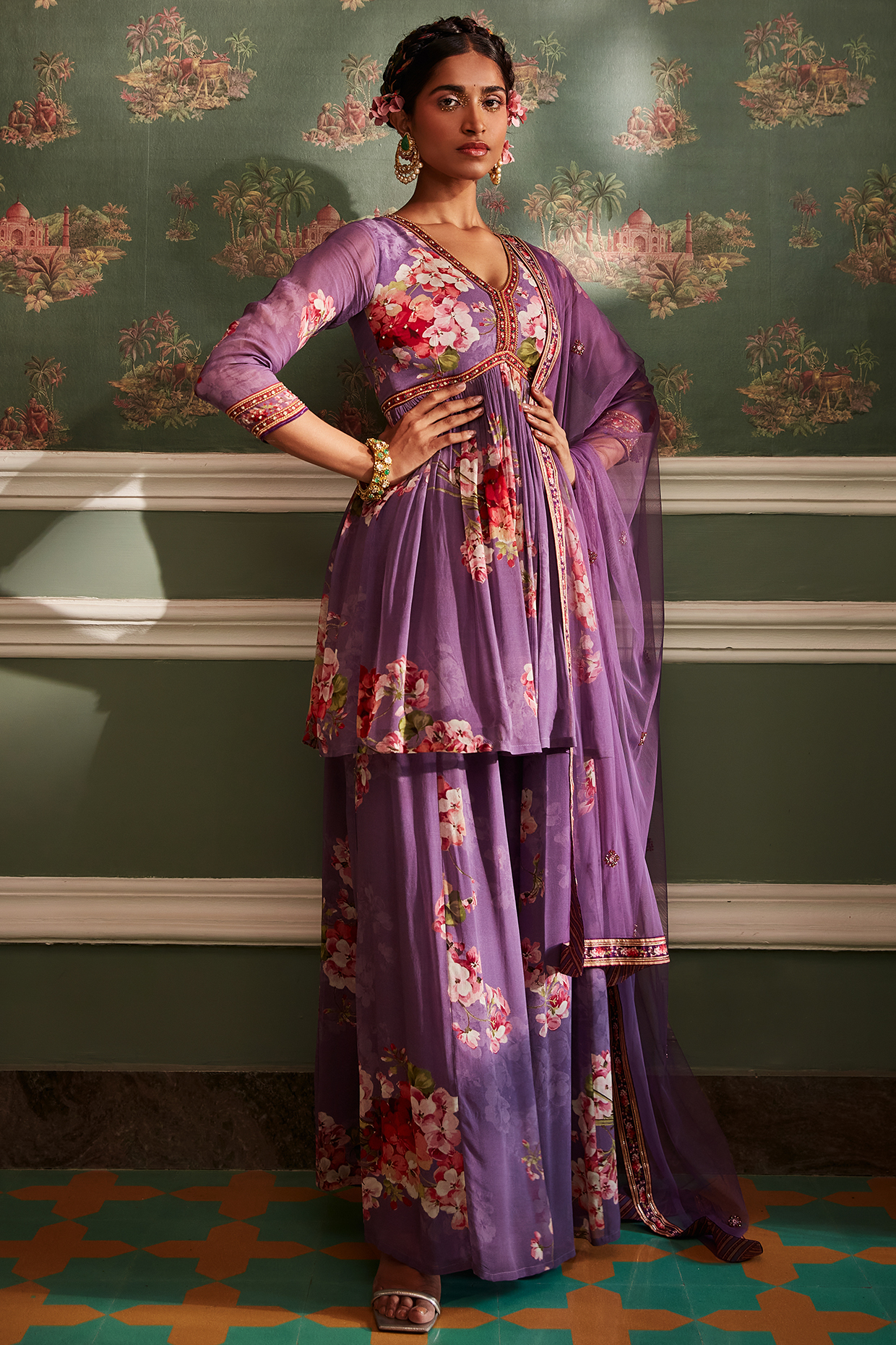 Lavender Viscose Georgette Floral Printed Gharara Set by Kalista at Pernia's Pop Up Shop