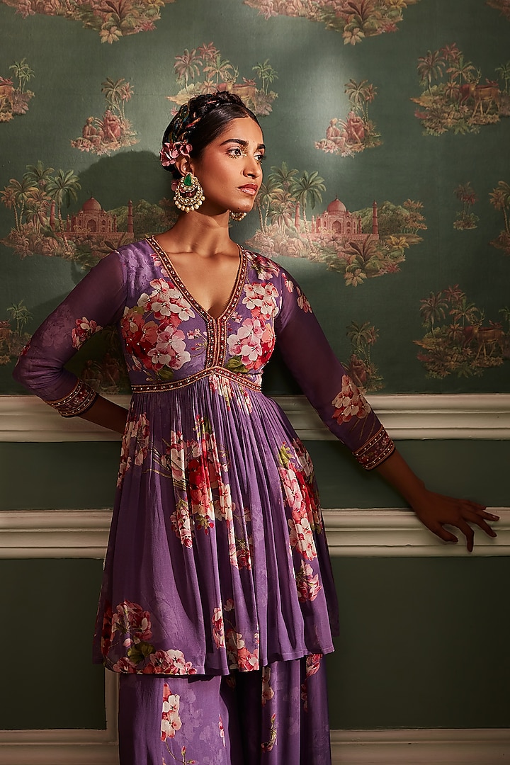 Lavender Viscose Georgette Floral Printed Gharara Set by Kalista at Pernia's Pop Up Shop
