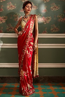 Cherry Red Viscose Georgette Floral Printed Pre-Draped Saree Set by Kalista-GANESH CHATURTHI