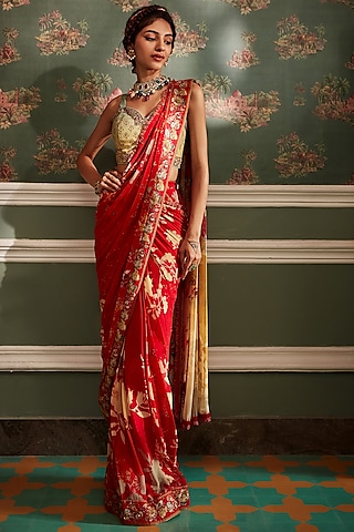 Cherry Red Viscose Georgette Floral Printed Pre-Draped Saree Set by Kalista