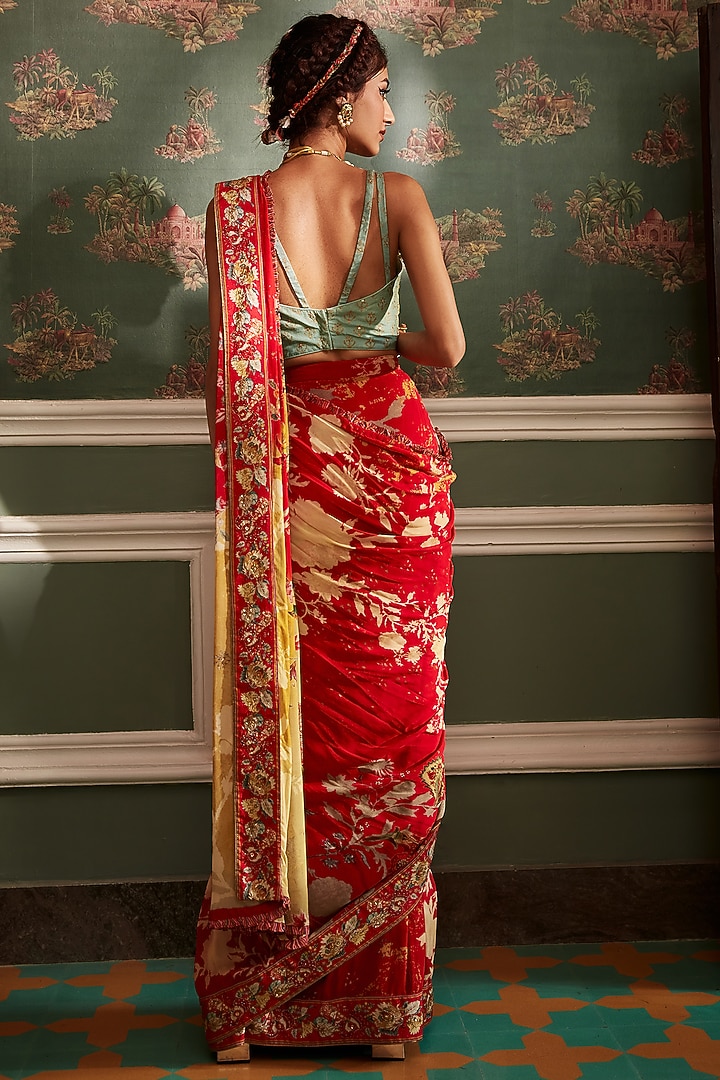 Cherry Red Viscose Georgette Floral Printed Pre-Draped Wedding Saree Set by Kalista at Pernia's Pop Up Shop