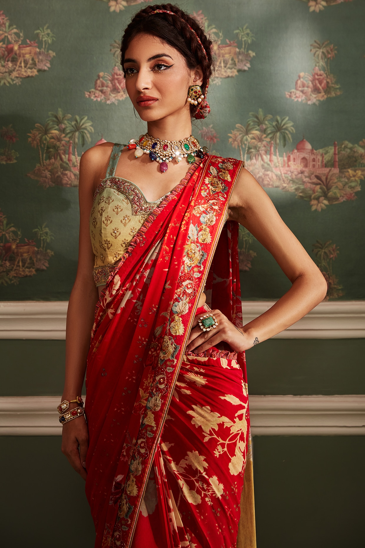 Vishal Prints Cherry Red Chiffon Saree With Embroidery And Stone Work