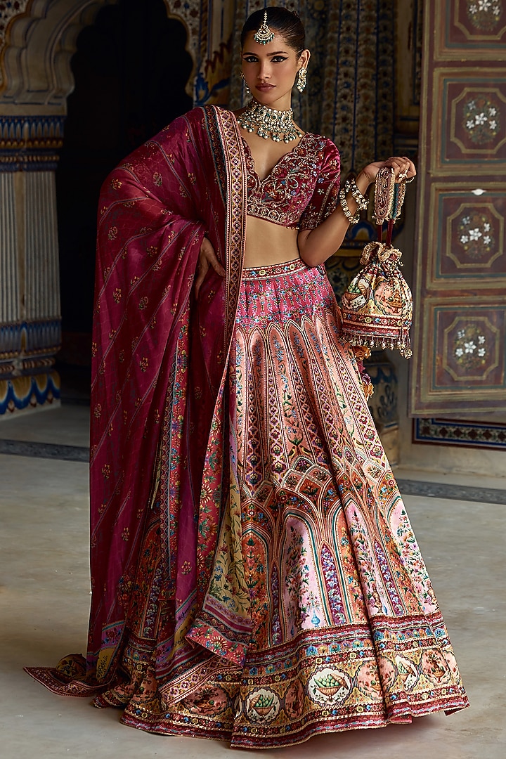 Baby Pink Silk Satin Sequins Highlighted Wedding Lehenga Set by Kalista at Pernia's Pop Up Shop