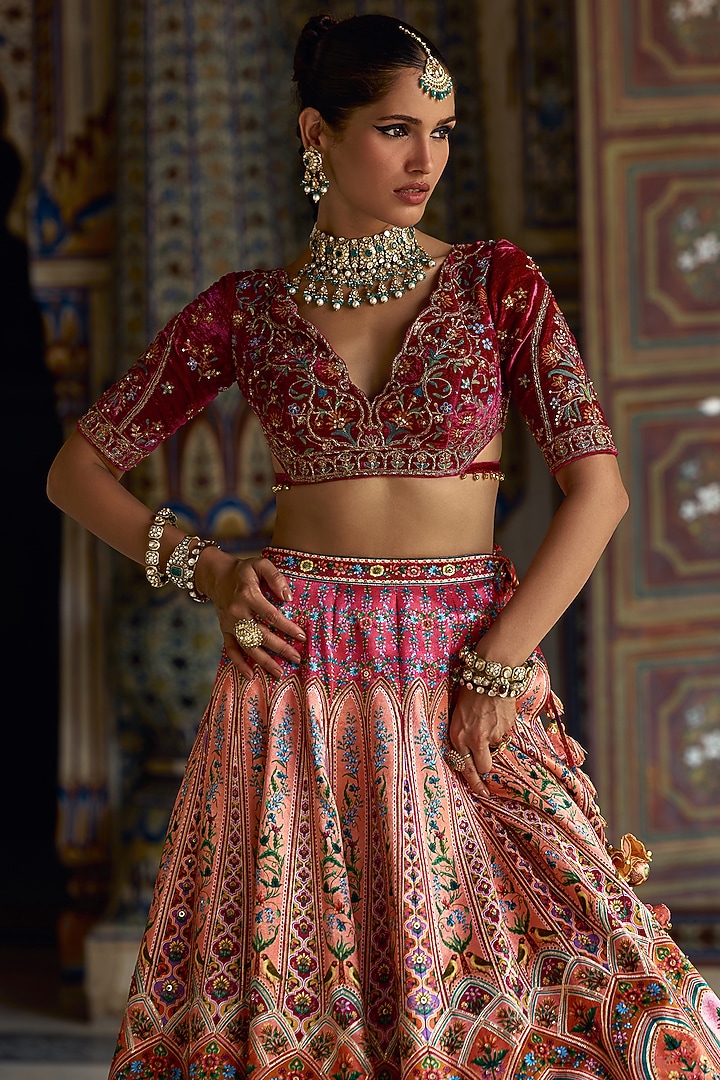 Baby Pink Silk Satin Sequins Highlighted Wedding Lehenga Set by Kalista at Pernia's Pop Up Shop