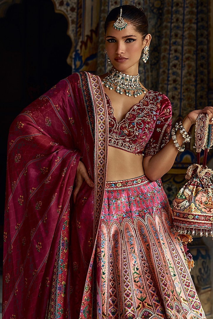 Baby Pink Silk Satin Sequins Highlighted Wedding Lehenga Set by Kalista at Pernia's Pop Up Shop