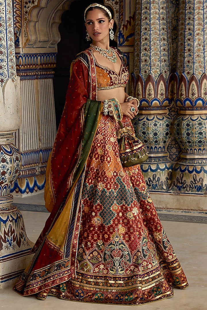 Multi-Colored Chanderi Silk Sequins Embellished Wedding Lehenga Set by Kalista at Pernia's Pop Up Shop