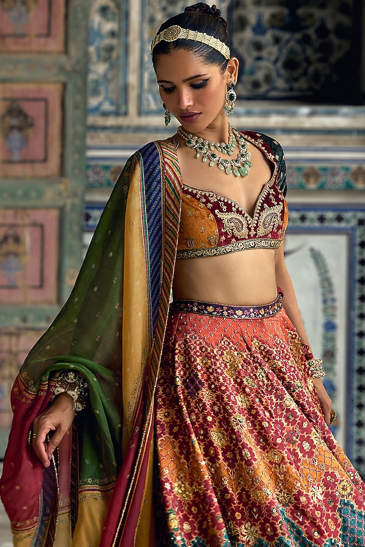 Multi-Colored Chanderi Silk Sequins Embellished Wedding Lehenga Set by Kalista at Pernia's Pop Up Shop
