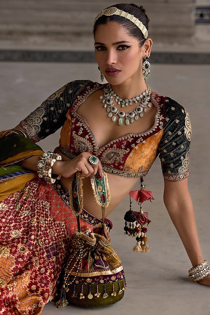 Multi-Colored Chanderi Silk Sequins Embellished Wedding Lehenga Set by Kalista at Pernia's Pop Up Shop