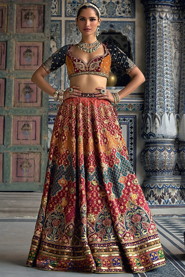 Multi-Colored Chanderi Silk Sequins Embellished Wedding Lehenga Set by Kalista at Pernia's Pop Up Shop