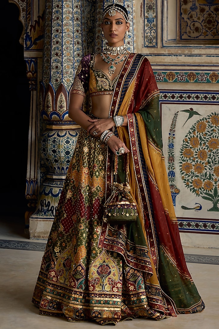 Multi-Colored & Mustard Chanderi Silk Sequins Embellished Wedding Lehenga Set by Kalista at Pernia's Pop Up Shop