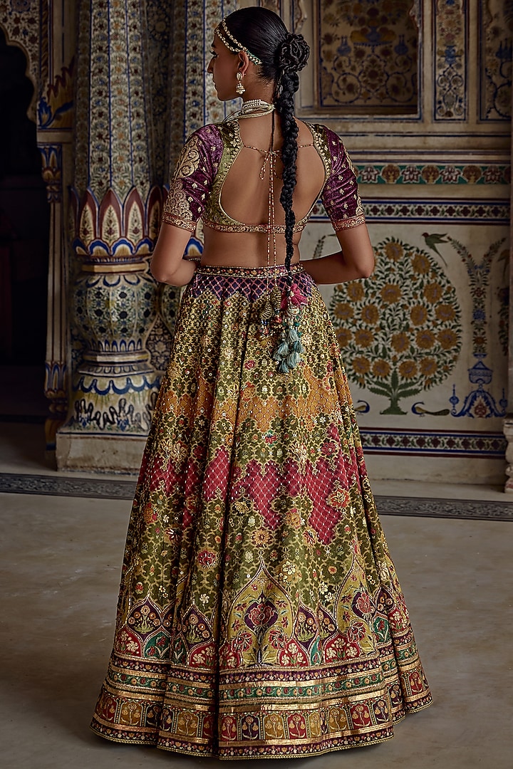 Multi-Colored & Mustard Chanderi Silk Sequins Embellished Wedding Lehenga Set by Kalista at Pernia's Pop Up Shop