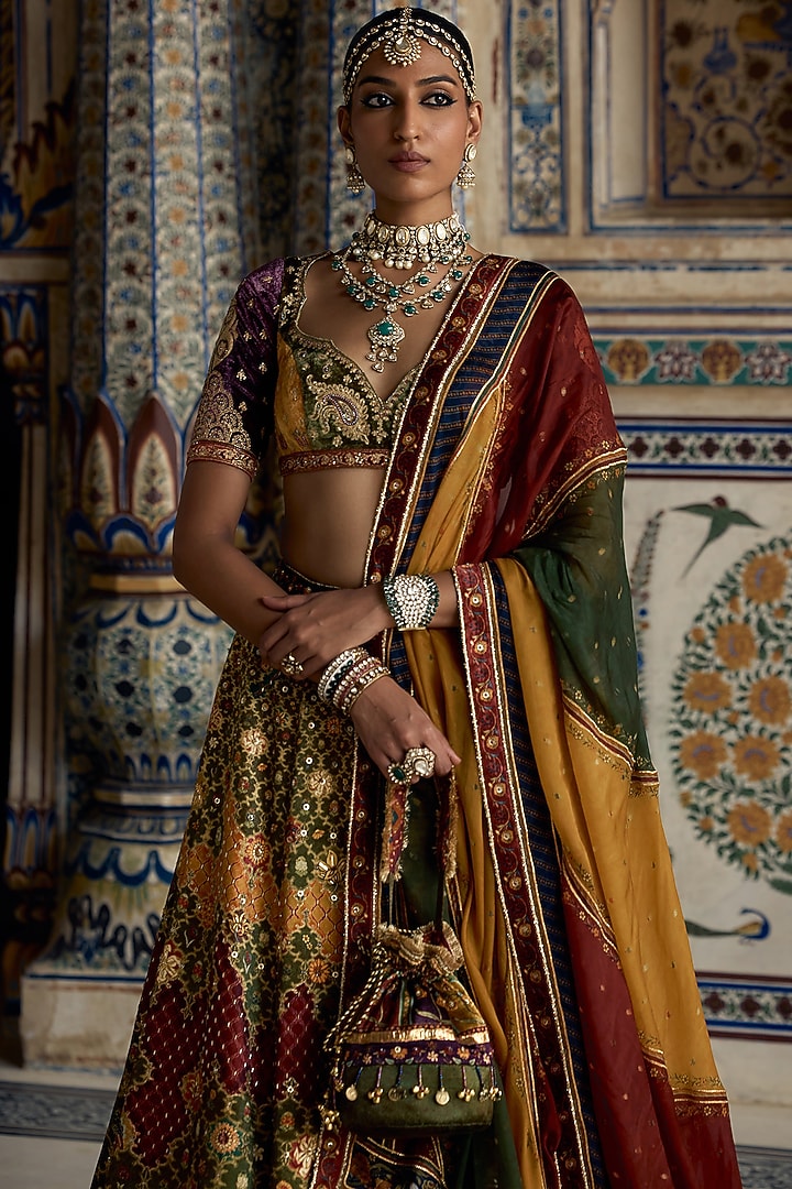 Multi-Colored & Mustard Chanderi Silk Sequins Embellished Wedding Lehenga Set by Kalista at Pernia's Pop Up Shop
