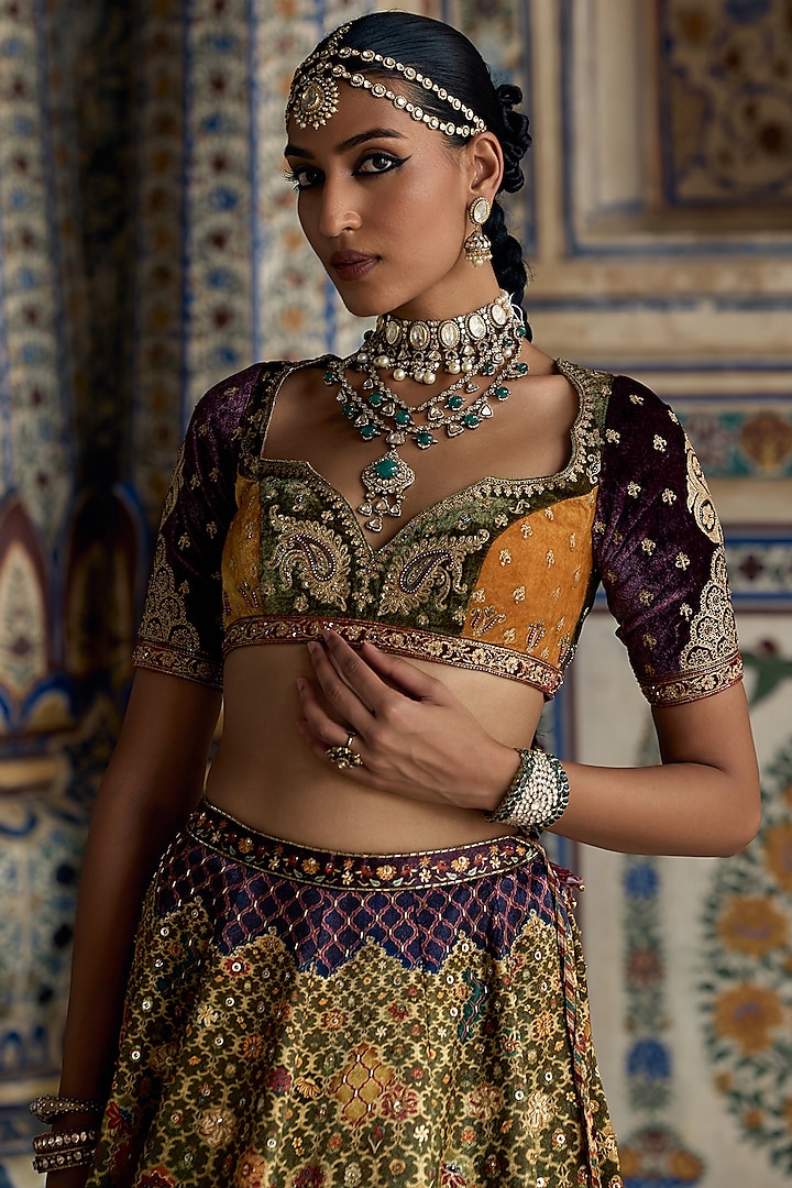 Multi-Colored & Mustard Chanderi Silk Sequins Embellished Wedding Lehenga Set by Kalista at Pernia's Pop Up Shop
