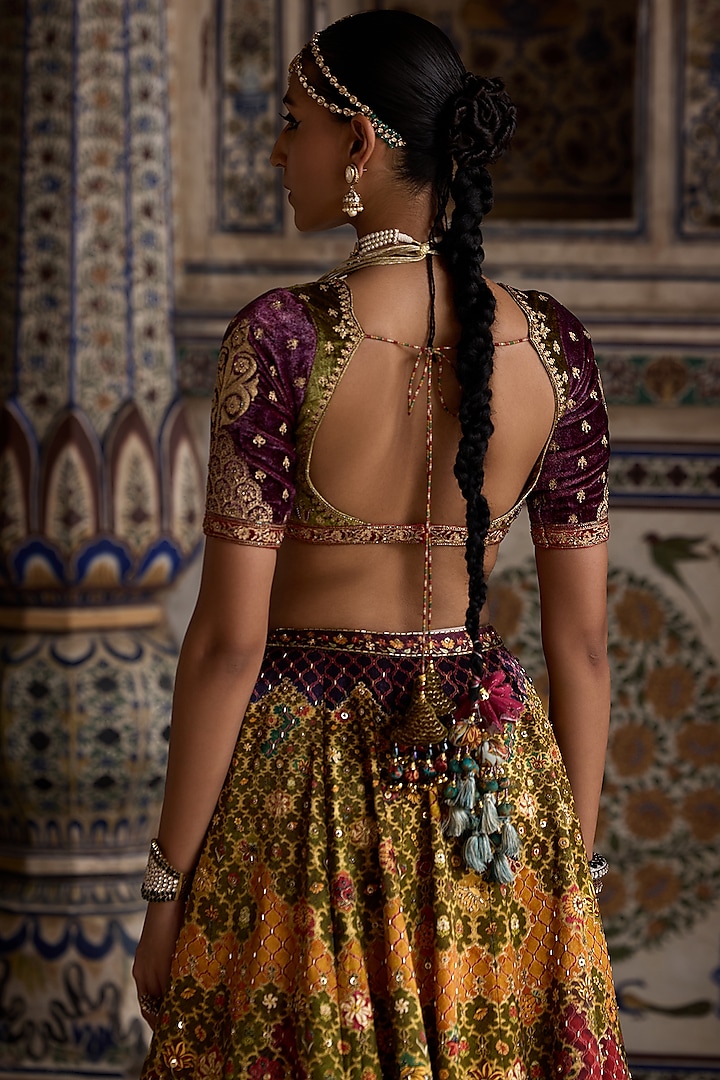Multi-Colored & Mustard Chanderi Silk Sequins Embellished Wedding Lehenga Set by Kalista at Pernia's Pop Up Shop
