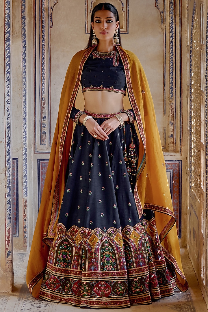 Midnight Blue Chanderi Silk Hand Embroidered Wedding Lehenga Set by Kalista at Pernia's Pop Up Shop