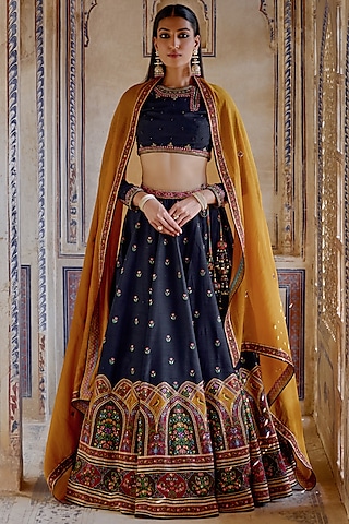 Midnight Blue Chanderi Silk Hand Embroidered Lehenga Set by Kalista