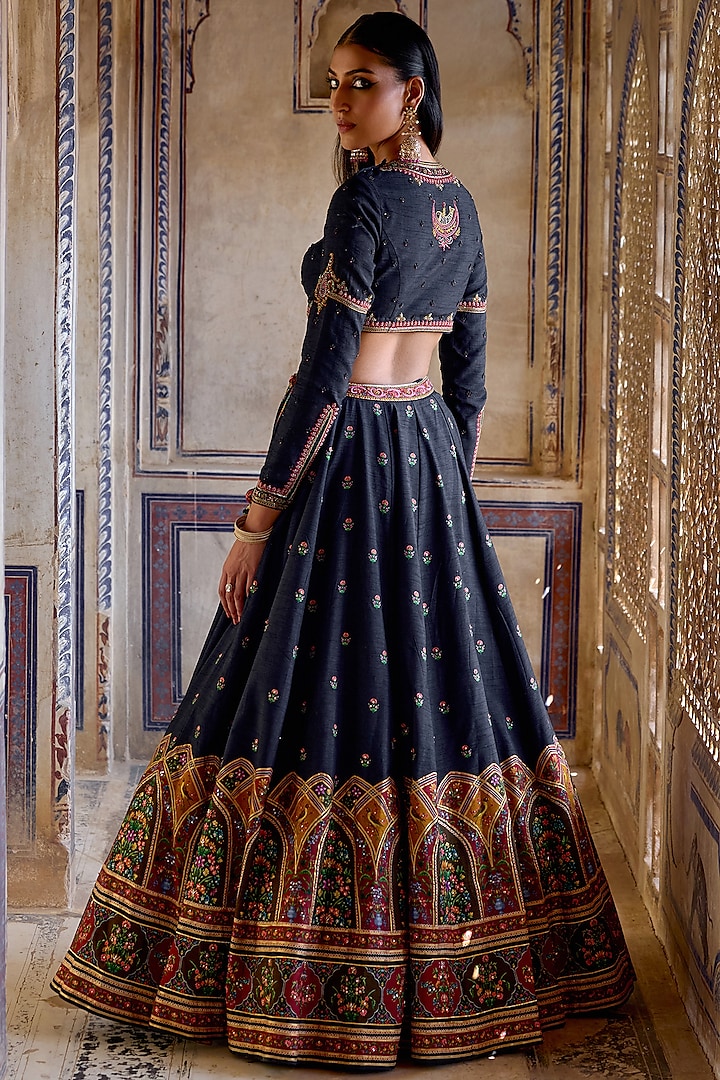 Midnight Blue Chanderi Silk Hand Embroidered Wedding Lehenga Set by Kalista at Pernia's Pop Up Shop