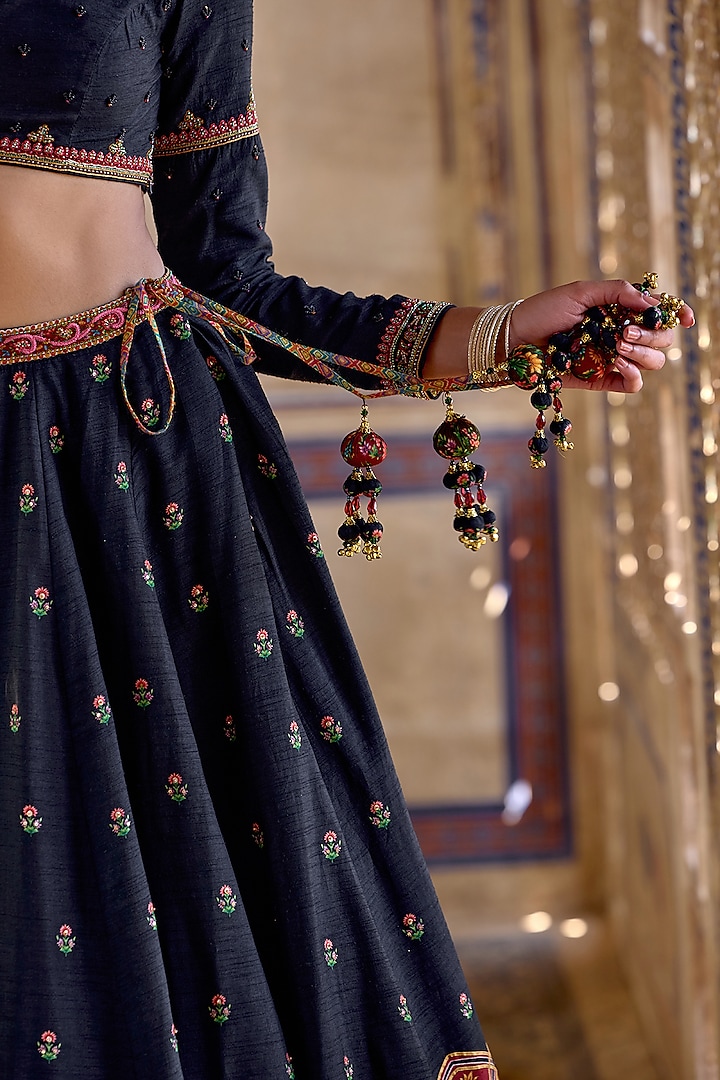 Midnight Blue Chanderi Silk Hand Embroidered Wedding Lehenga Set by Kalista at Pernia's Pop Up Shop