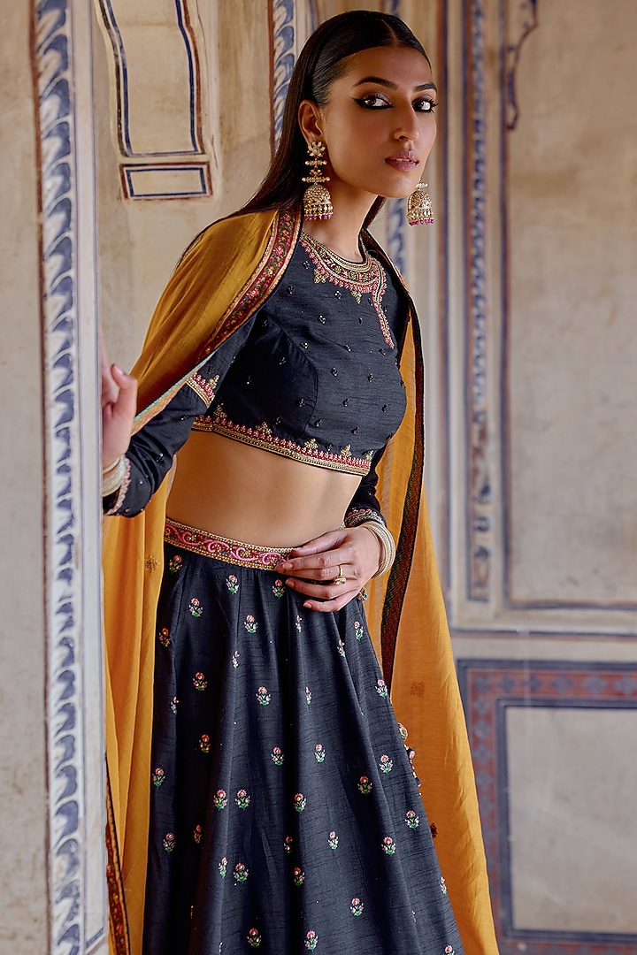 Midnight Blue Chanderi Silk Hand Embroidered Wedding Lehenga Set by Kalista at Pernia's Pop Up Shop