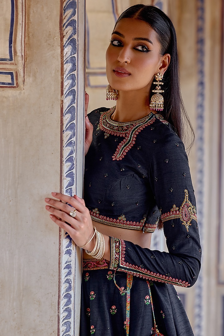 Midnight Blue Chanderi Silk Hand Embroidered Wedding Lehenga Set by Kalista at Pernia's Pop Up Shop