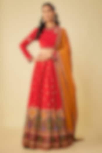 Red Chanderi Silk Hand Embroidered Wedding Lehenga Set by Kalista at Pernia's Pop Up Shop