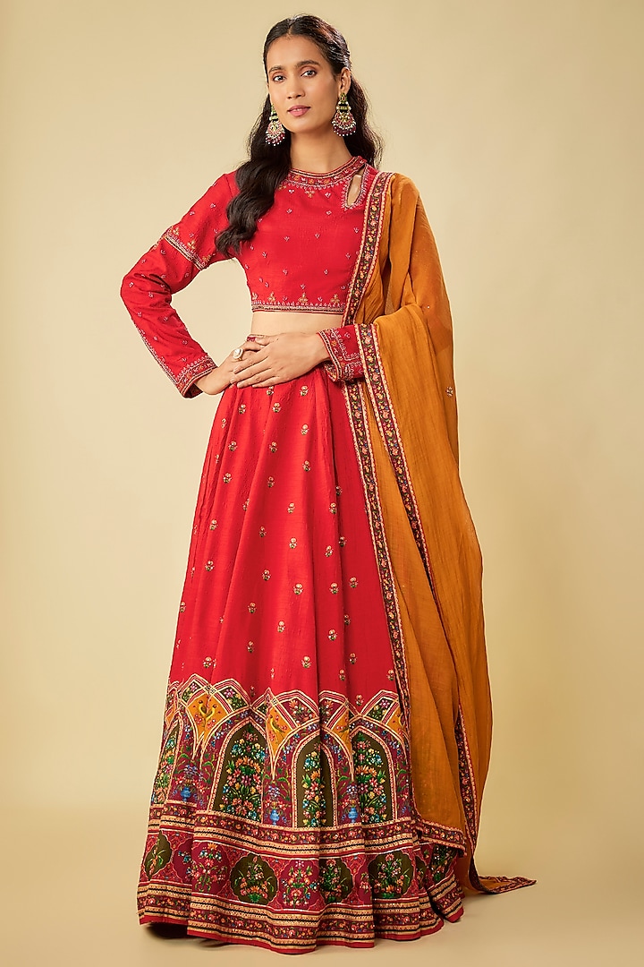 Red Chanderi Silk Hand Embroidered Wedding Lehenga Set by Kalista at Pernia's Pop Up Shop
