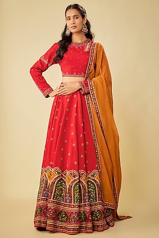 Red Chanderi Silk Hand Embroidered Lehenga Set by Kalista