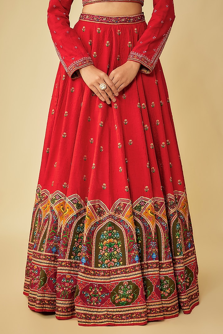 Red Chanderi Silk Hand Embroidered Wedding Lehenga Set by Kalista at Pernia's Pop Up Shop