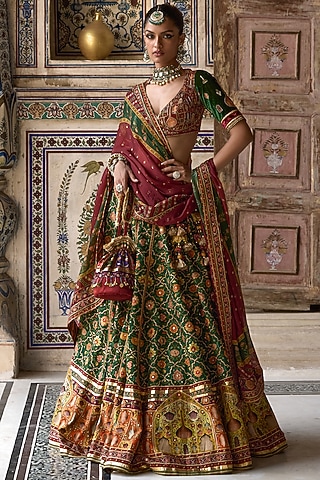 Green & Multi-Colored Chanderi Silk Gota Embroidered Lehenga Set by Kalista