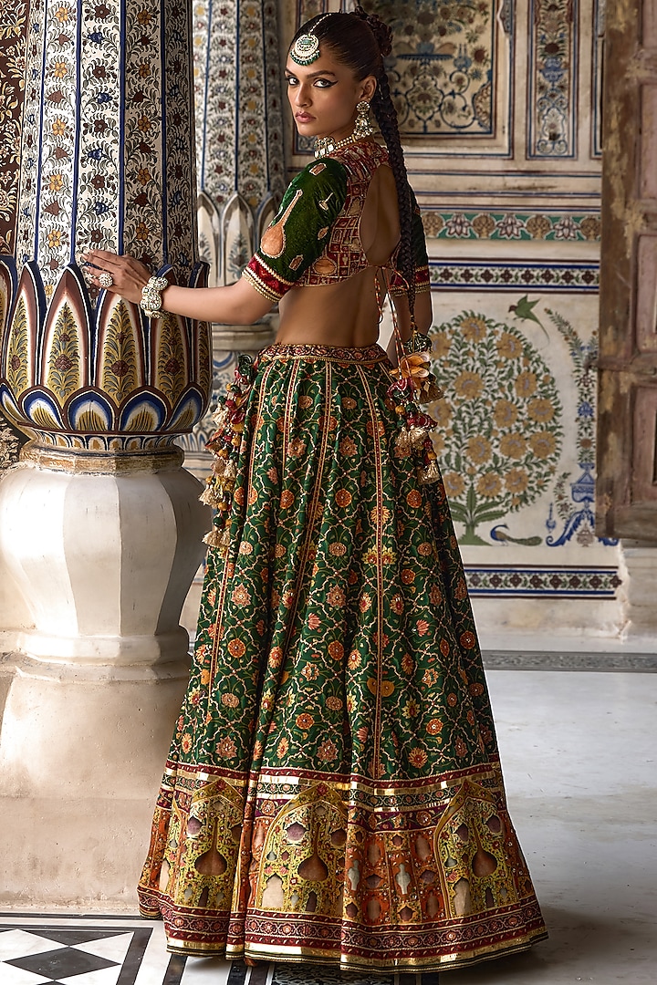 Green & Multi-Colored Chanderi Silk Gota Embroidered Wedding Lehenga Set by Kalista at Pernia's Pop Up Shop