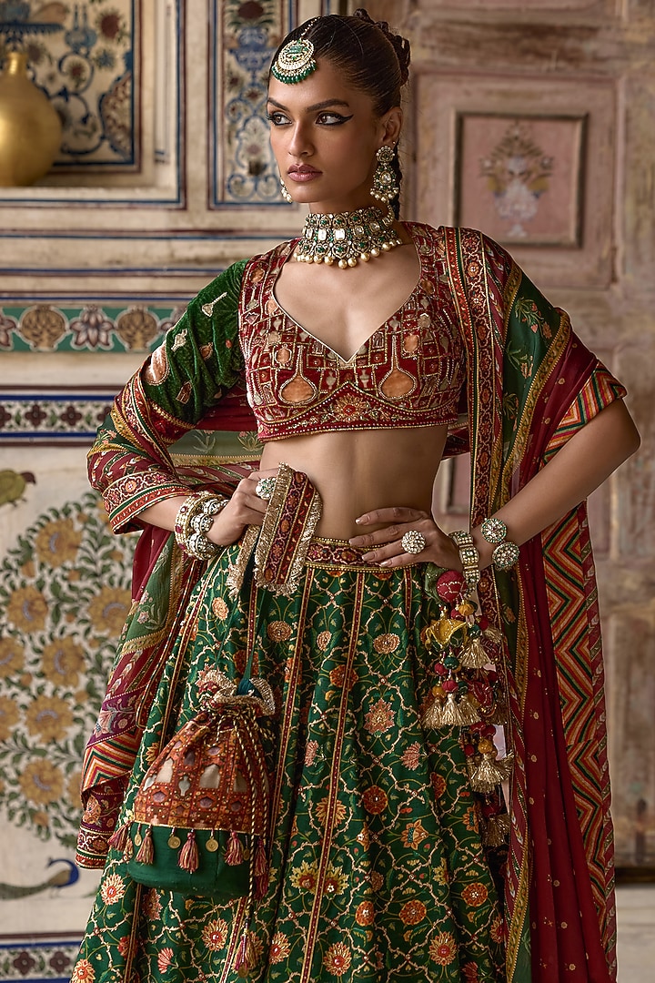 Green & Multi-Colored Chanderi Silk Gota Embroidered Wedding Lehenga Set by Kalista at Pernia's Pop Up Shop