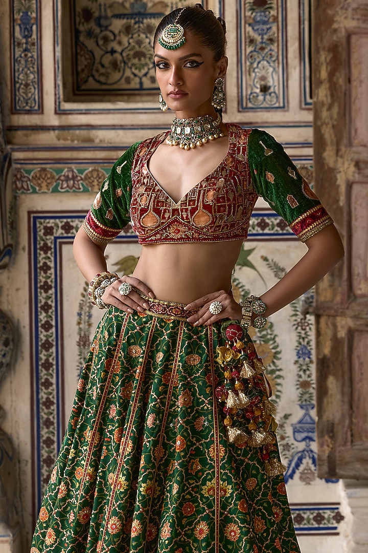 Green & Multi-Colored Chanderi Silk Gota Embroidered Wedding Lehenga Set by Kalista at Pernia's Pop Up Shop