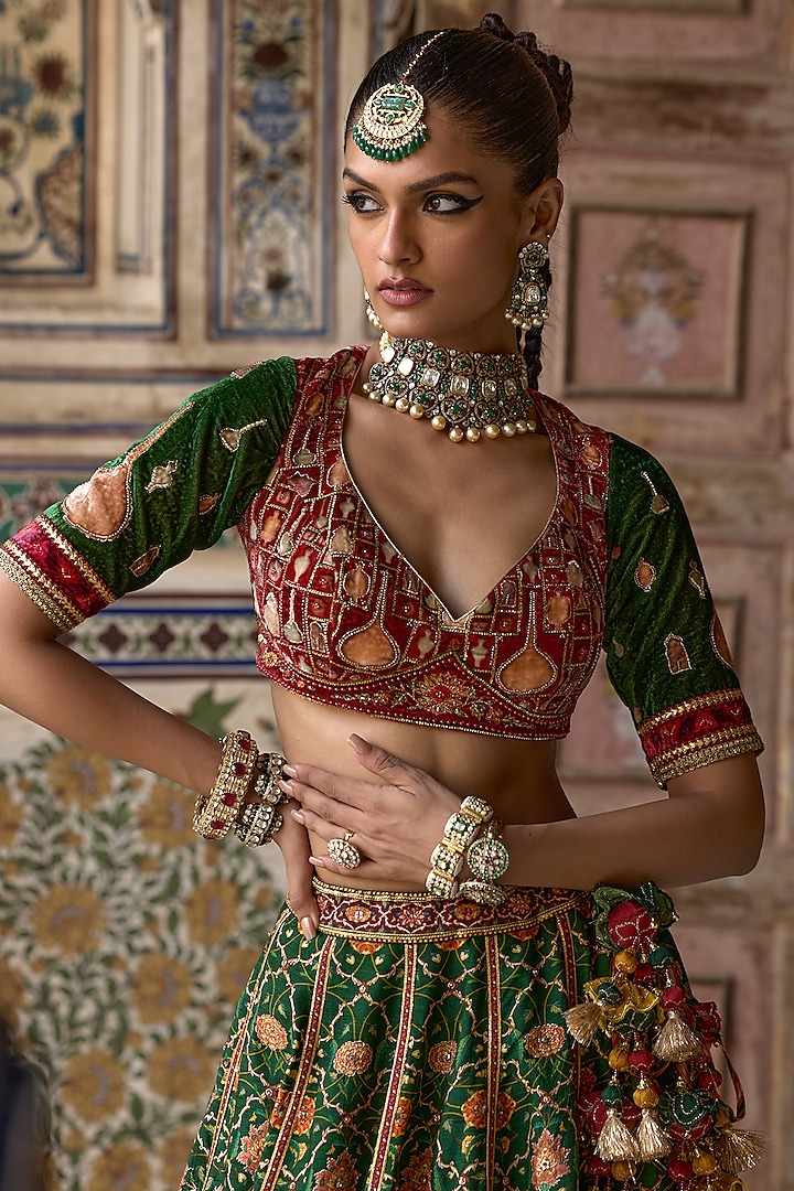 Green & Multi-Colored Chanderi Silk Gota Embroidered Wedding Lehenga Set by Kalista at Pernia's Pop Up Shop