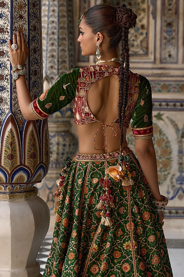 Green & Multi-Colored Chanderi Silk Gota Embroidered Wedding Lehenga Set by Kalista at Pernia's Pop Up Shop