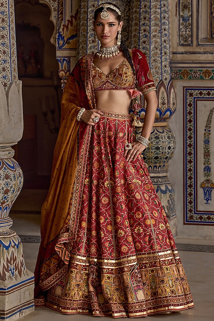 Hot Pink & Multi-Colored Chanderi Silk Gota Embroidered Wedding Lehenga Set by Kalista at Pernia's Pop Up Shop