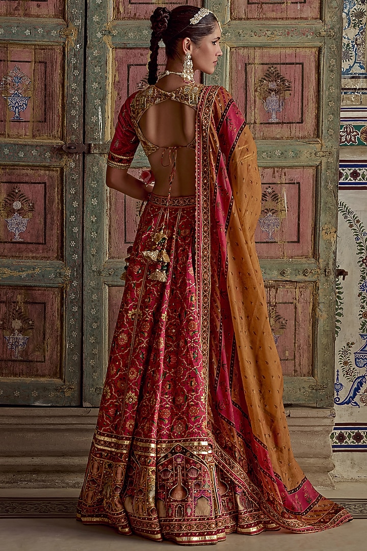 Hot Pink & Multi-Colored Chanderi Silk Gota Embroidered Wedding Lehenga Set by Kalista at Pernia's Pop Up Shop