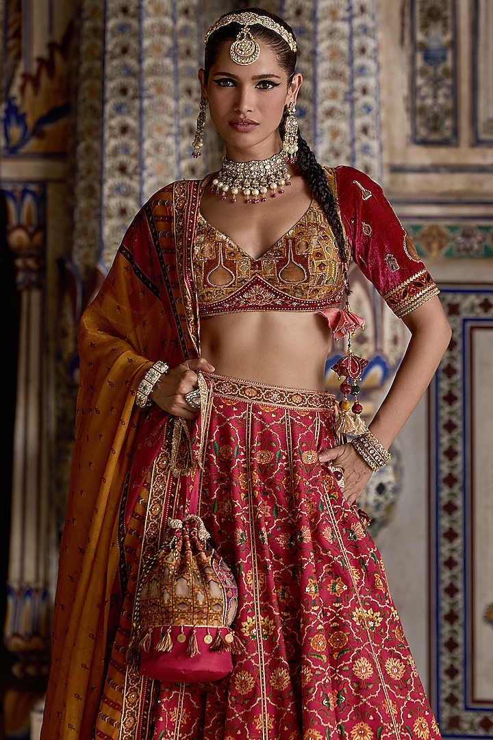 Hot Pink & Multi-Colored Chanderi Silk Gota Embroidered Wedding Lehenga Set by Kalista at Pernia's Pop Up Shop
