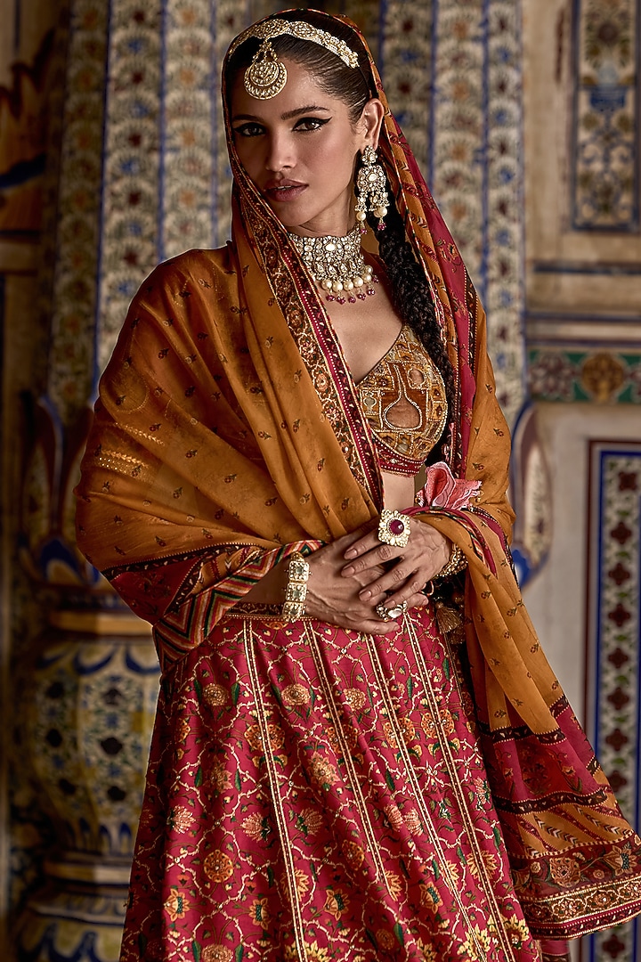 Hot Pink & Multi-Colored Chanderi Silk Gota Embroidered Wedding Lehenga Set by Kalista at Pernia's Pop Up Shop