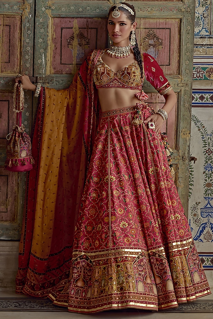 Hot Pink & Multi-Colored Chanderi Silk Gota Embroidered Wedding Lehenga Set by Kalista at Pernia's Pop Up Shop