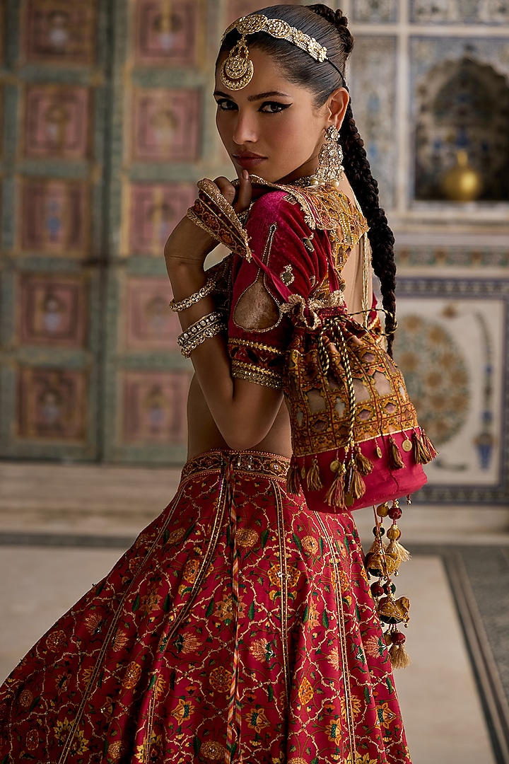 Hot Pink & Multi-Colored Chanderi Silk Gota Embroidered Wedding Lehenga Set by Kalista at Pernia's Pop Up Shop
