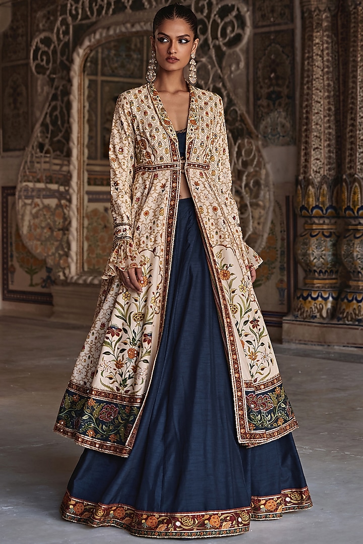 Navy Blue & Ivory Chanderi Silk Hand Embroidered Jacket Wedding Lehenga Set by Kalista at Pernia's Pop Up Shop