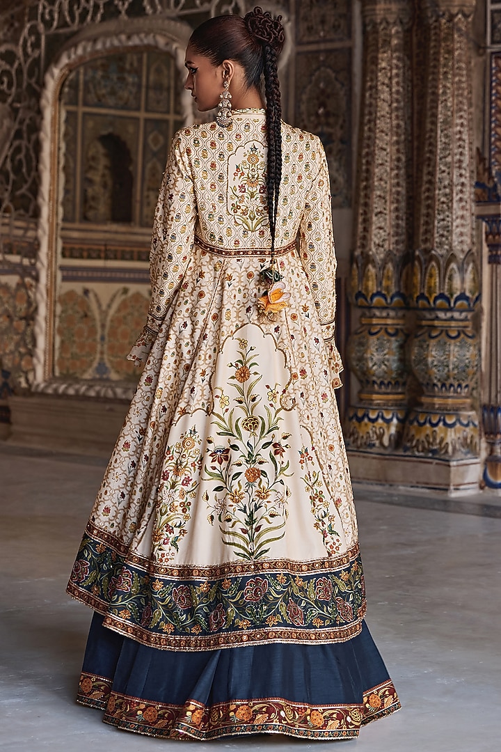 Navy Blue & Ivory Chanderi Silk Hand Embroidered Jacket Wedding Lehenga Set by Kalista at Pernia's Pop Up Shop