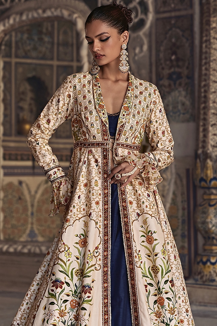 Navy Blue & Ivory Chanderi Silk Hand Embroidered Jacket Wedding Lehenga Set by Kalista at Pernia's Pop Up Shop