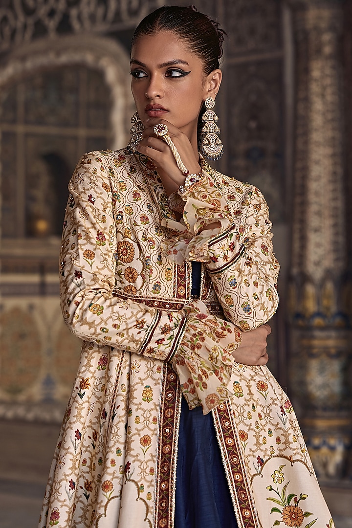 Navy Blue & Ivory Chanderi Silk Hand Embroidered Jacket Wedding Lehenga Set by Kalista at Pernia's Pop Up Shop