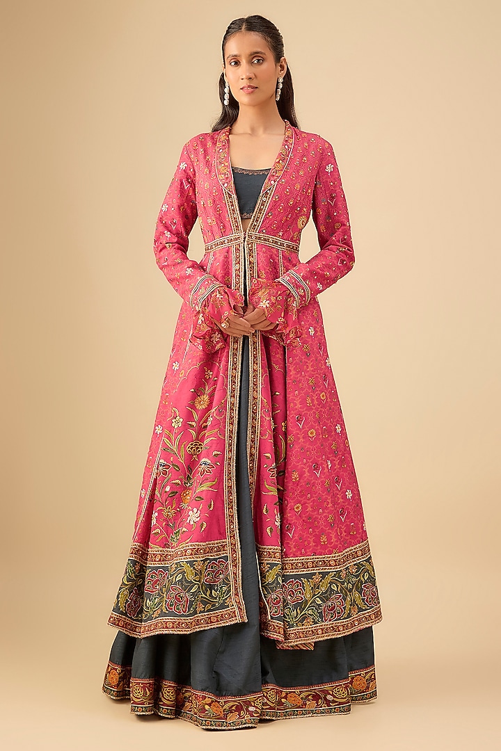 Pink & Blue Chanderi Silk Sequins Embroidered Jacket Wedding Lehenga Set by Kalista at Pernia's Pop Up Shop