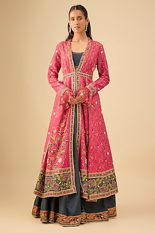 Pink & Blue Chanderi Silk Sequins Embroidered Jacket Lehenga Set by Kalista