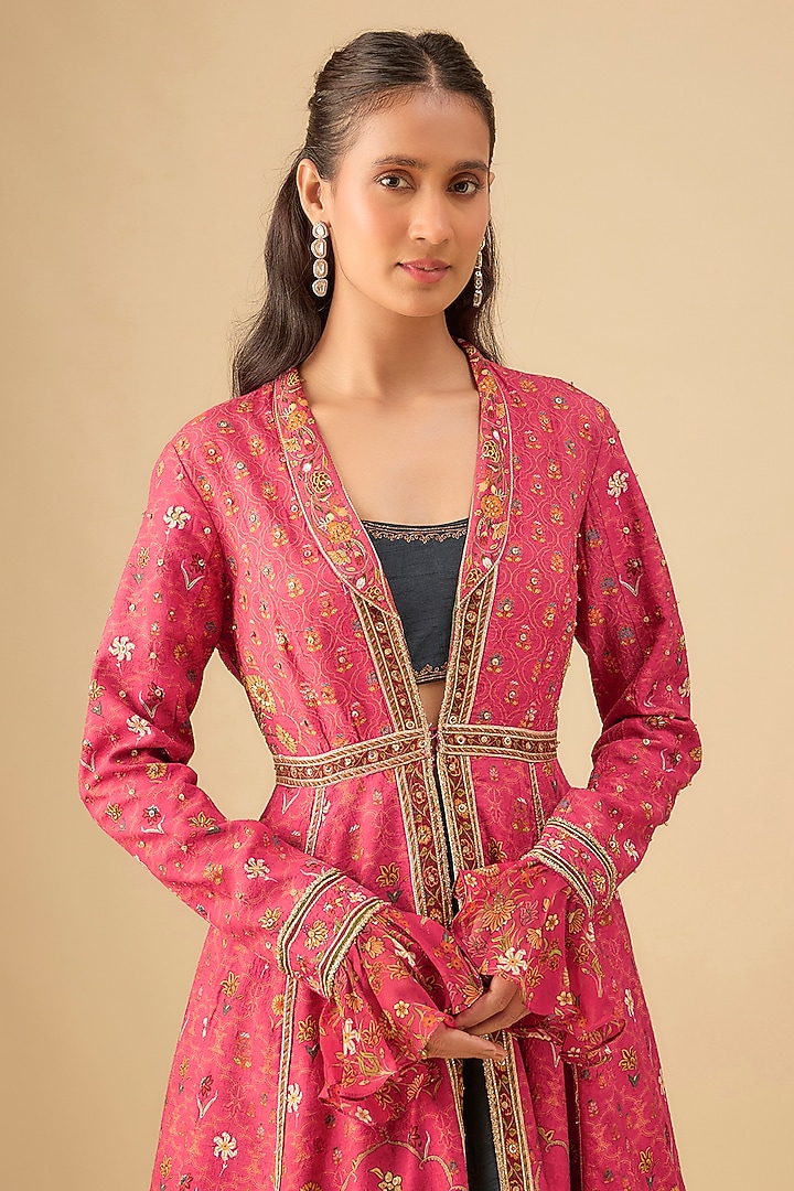 Pink & Blue Chanderi Silk Sequins Embroidered Jacket Wedding Lehenga Set by Kalista at Pernia's Pop Up Shop